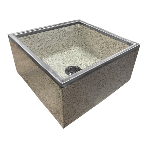 A square gray and white Stern-Williams Serviceptor mop sink basin with stainless steel caps.