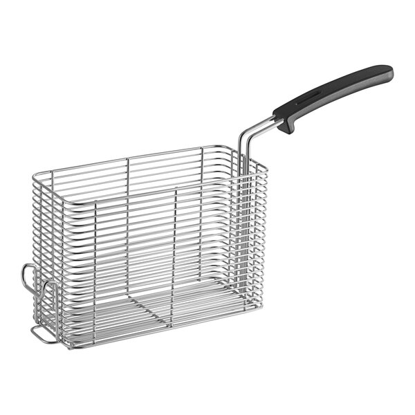 A small stainless steel wire fryer basket with a black handle.