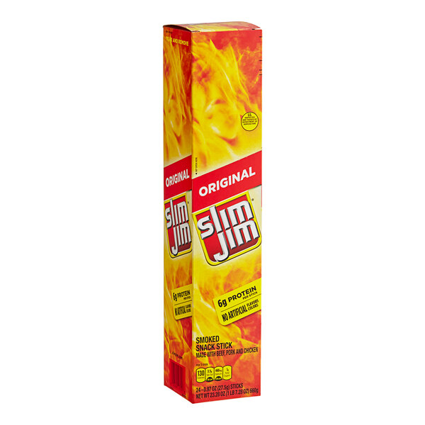 A box of 144 Slim Jim Original meat sticks.