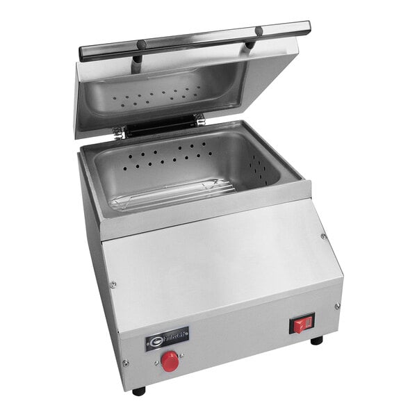 A stainless steel EmberGlo electric countertop steamer with a lid open.