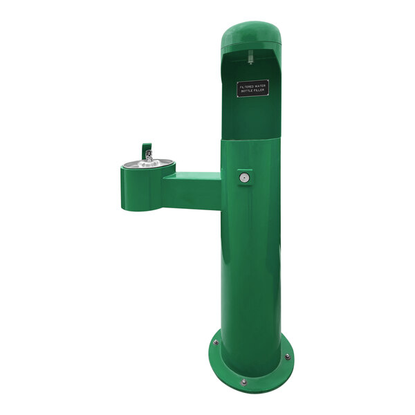 A Stern Williams Woodland Green outdoor pedestal bottle filler and drinking fountain with a green lid.