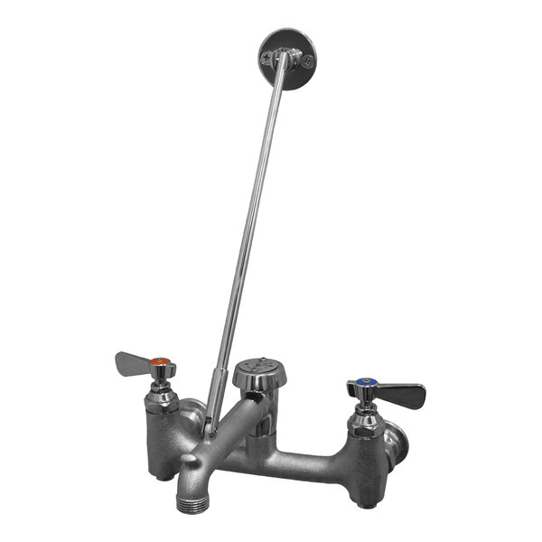 A Stern-Williams heavy-duty chrome-plated service sink faucet with two handles and a hose.