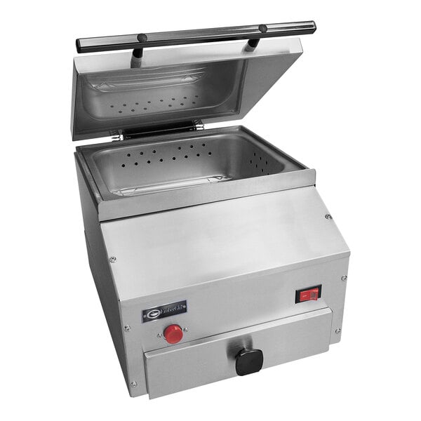 A stainless steel EmberGlo electric countertop steamer with a lid.