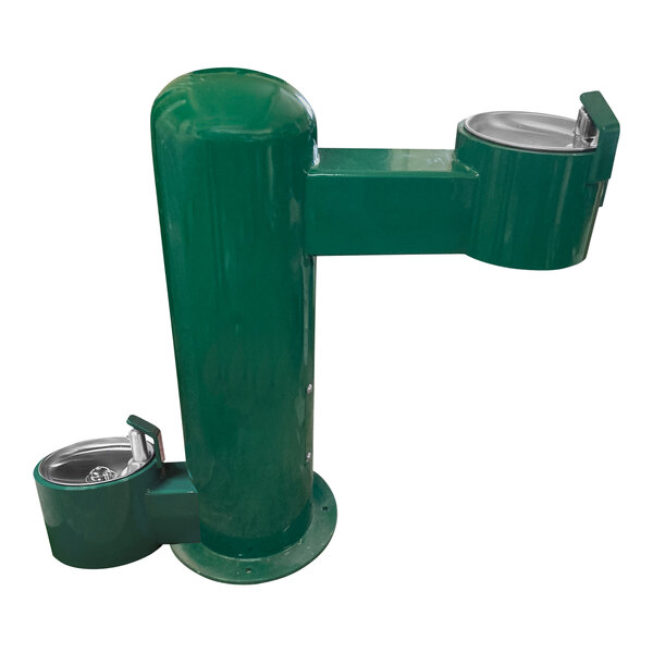 A Stern Williams Woodland Green outdoor pedestal drinking fountain with two water dispensers over two bowls.