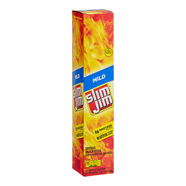A box of Slim Jim Mild Meat Sticks on a white background.