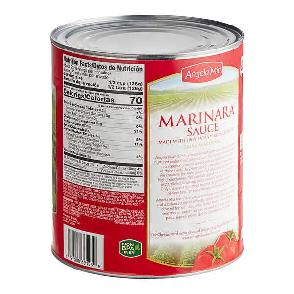 A white labeled #10 can of Angela Mia marinara sauce.