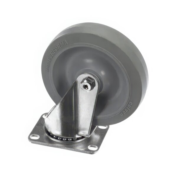 A Henny Penny swivel plate caster with a metal bracket and grey wheel.