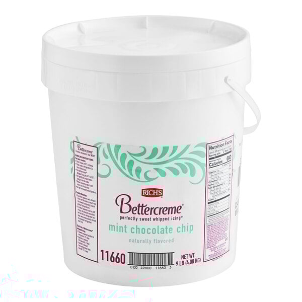A white Rich's Bettercreme Mint Chip Whipped Icing bucket with a lid and a handle.