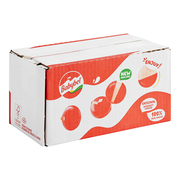 A white and red Babybel box with red and white design.