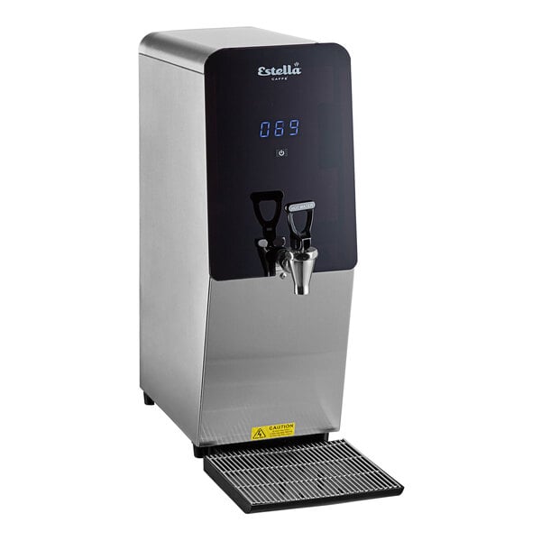 A stainless steel Estella Caffe hot water dispenser with a digital display.