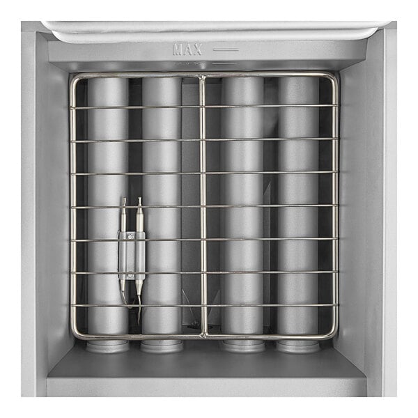 An Avantco stainless steel floor gas fryer with a metal tube inside.