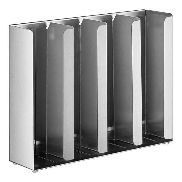 A stainless steel rack with four rectangular sections.