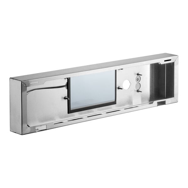 A rectangular metallic control housing with a central display window and several circular cutouts on one side.