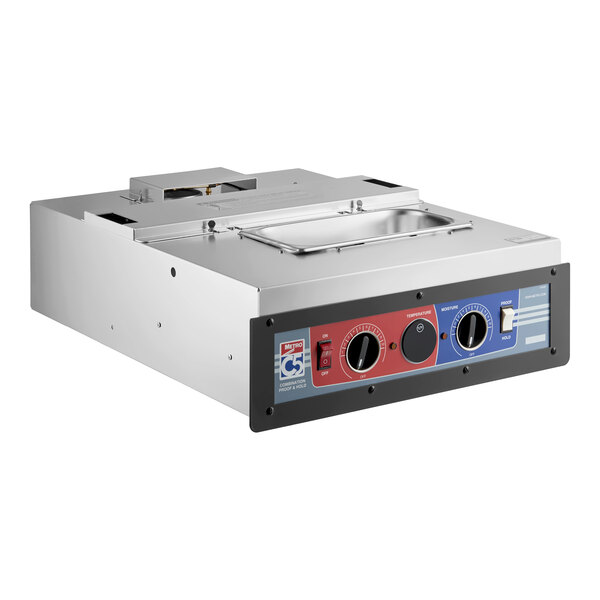 A stainless steel commercial food warming and holding unit with control knobs and a digital display on the front panel.