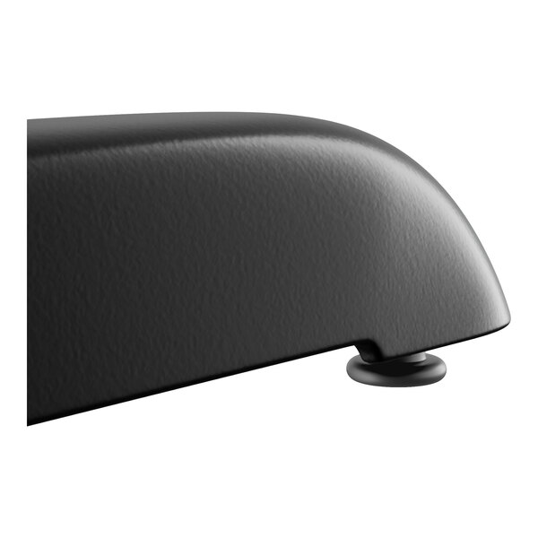 A Lancaster Table & Seating rectangular table with a textured walnut top and metal base with 4 black outdoor cafe chairs.