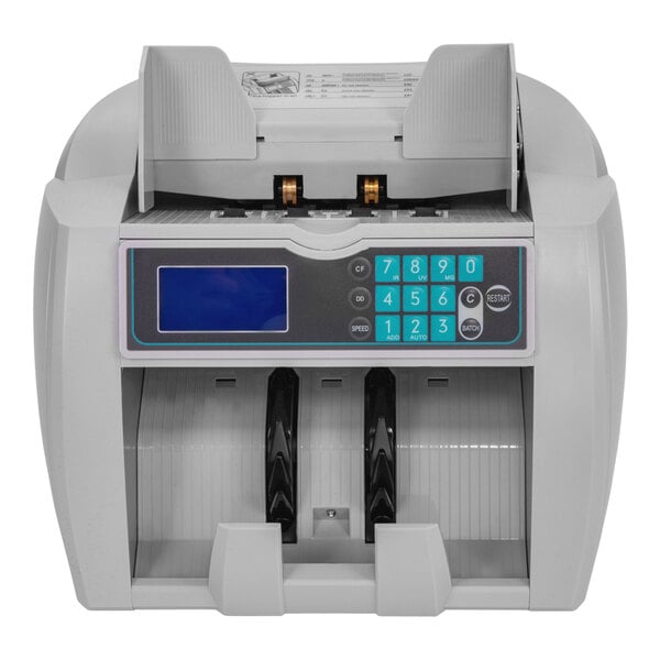 A white Controltek USA bill counter with a blue rectangular screen and white buttons.