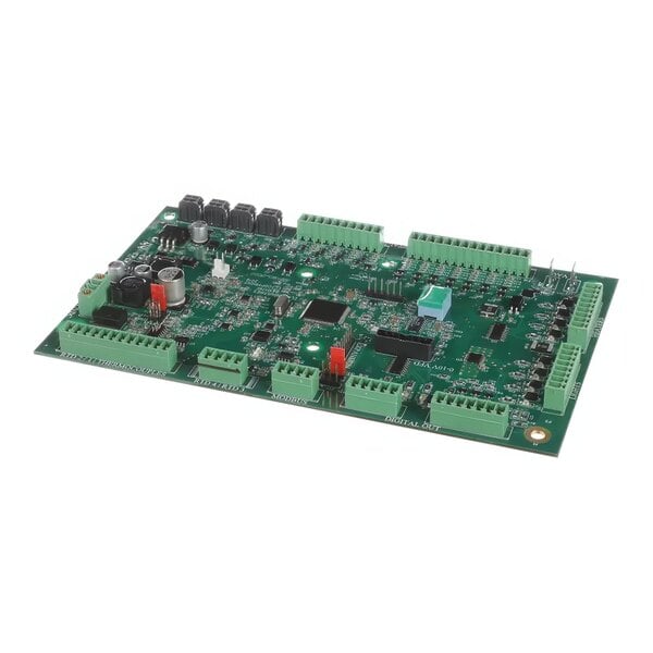A close-up of a green circuit board with many small components.