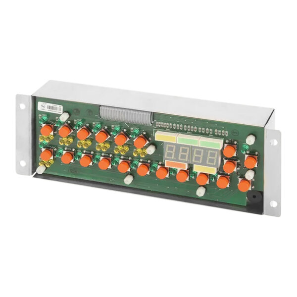 A green digital control assembly with orange buttons and a digital display.