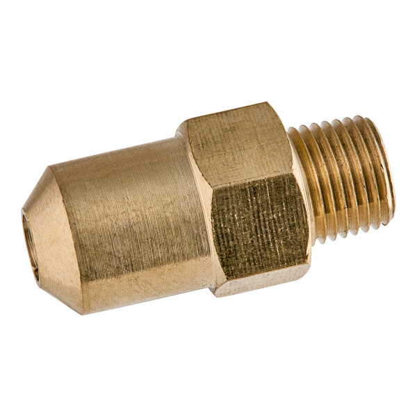 A close-up of a brass threaded male connector with a screw.