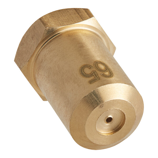 A brass Cooking Performance Group #65 high elevation orifice cylinder with a hole.