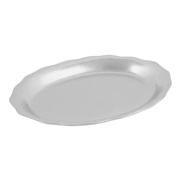 A Bon Chef pewter-glo cast aluminum oval platter with a scalloped edge.