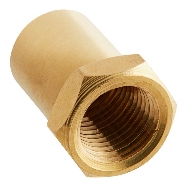 A gold nut with a hexagon shaped nut and a brass threaded nut.