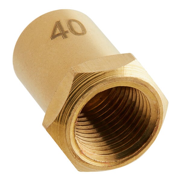 A brass Cooking Performance Group #40 natural gas orifice with a threaded nut.
