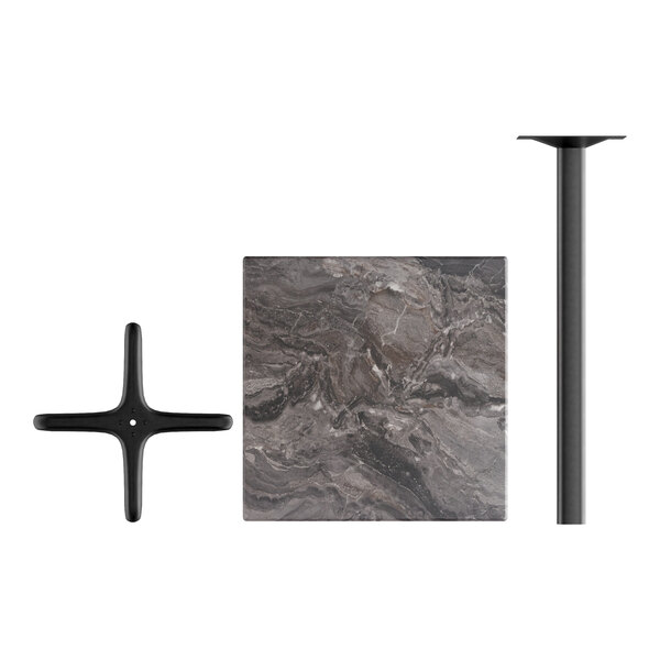 A Lancaster Table & Seating Paladina bar height table with a black metal base and a black and gray marble top.