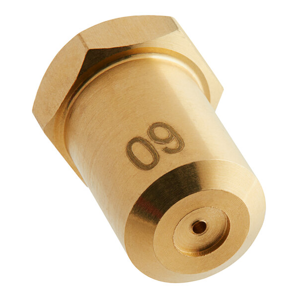 A gold metal cylinder with a hexagon head and a hole with the number 60 carved into it.