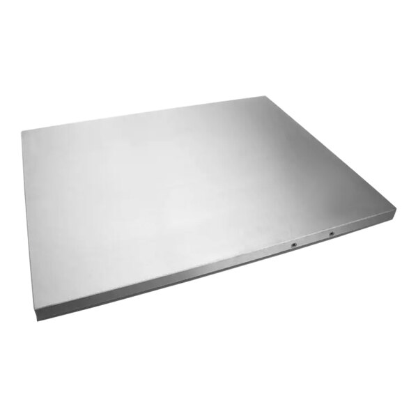 A silver stainless steel square with a white background.