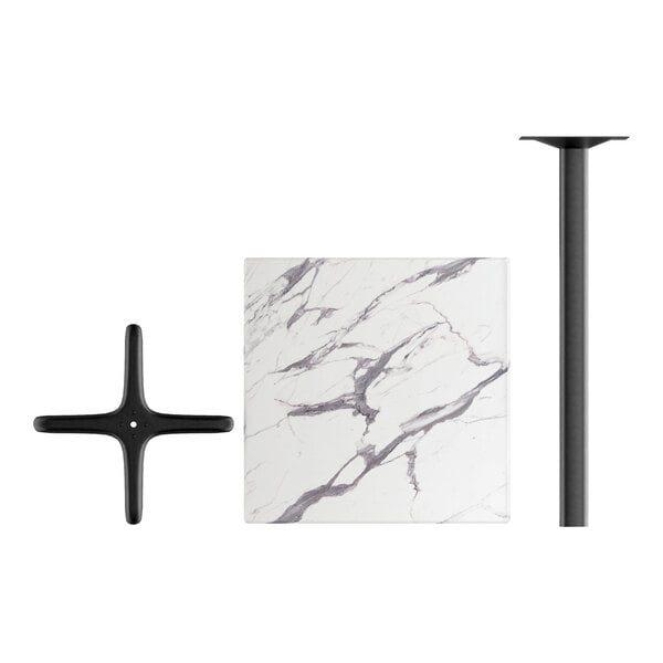 A white square Lancaster Table & Seating Versilla bar table with a black metal pole.