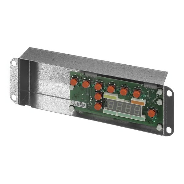 A metal enclosure with a circuit board and orange buttons.