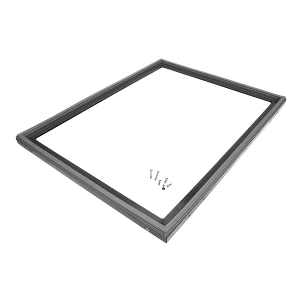 A rectangular white board with screws on the bottom.