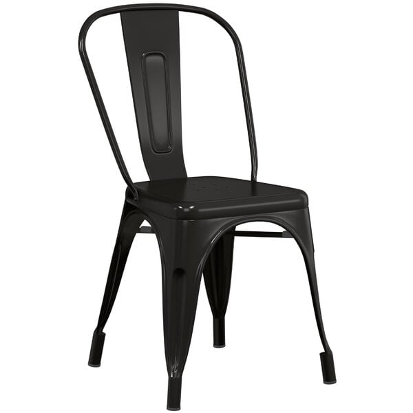 A black metal chair with a seat and back.