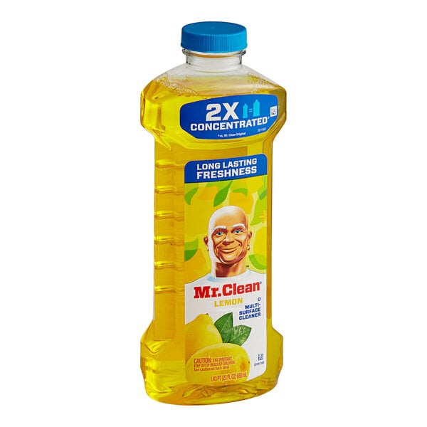 A bottle of Mr. Clean lemon multi-surface cleaner with a label.