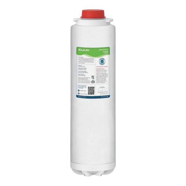 A white cylinder with a red and green label reading "Zurn Elkay 71300C WaterSentry PFOA / PFOS Single Replacement Filter"