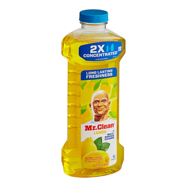 A bottle of Mr. Clean Lemon Scented Multi-Surface Cleaner with a label.