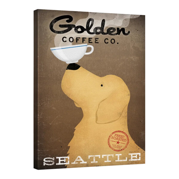 A 24" x 36" canvas wall art with a Golden Retriever holding a coffee cup on its nose.