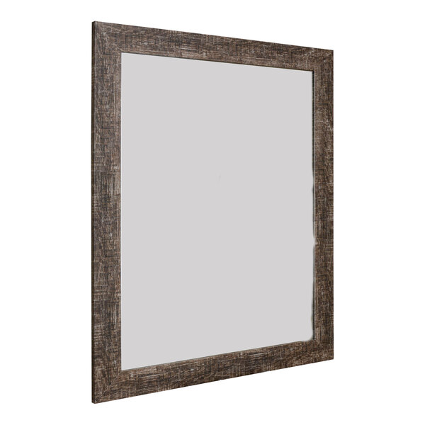 A rectangular wooden mirror frame with a distressed brown finish.