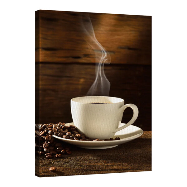 A wooden canvas with a white background featuring a close-up of a white coffee cup with steam coming out of it and coffee beans.