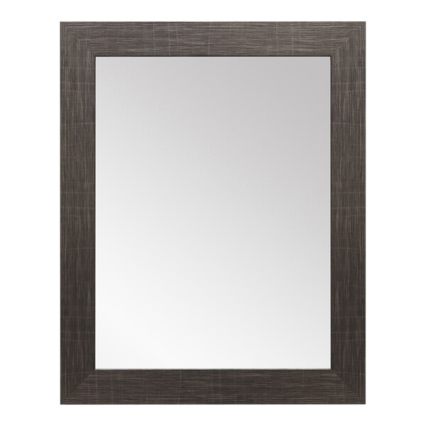 A rectangular mirror with a scratched black wood frame.