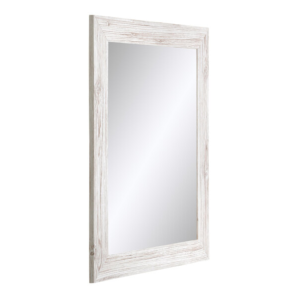 A white rectangular mirror with a wood frame.