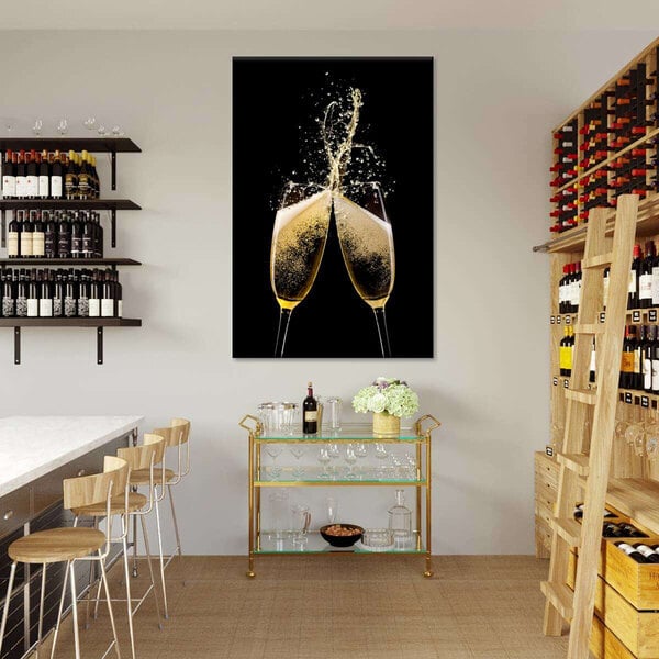 A canvas painting of a wine glass with two champagne glasses on it.