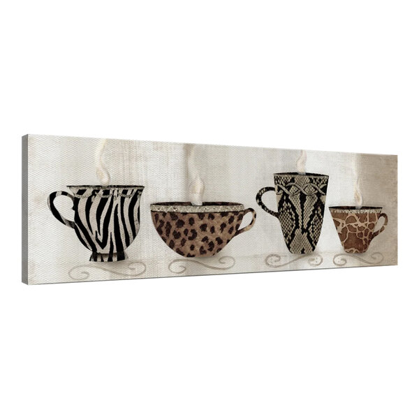 A close-up of Elephant Stock Coffee Skins II canvas wall art with zebra print cups.