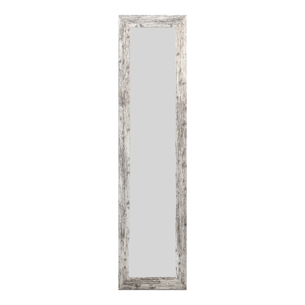 A rectangular mirror with a white frame and gray border.