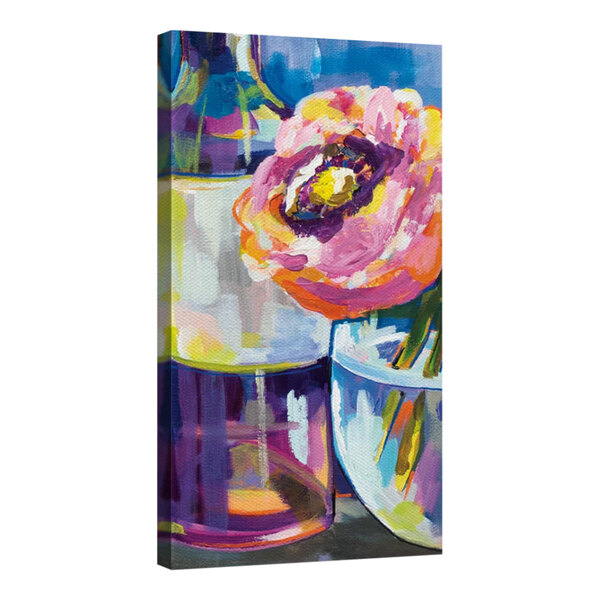 A colorful painting of flowers in a vase.