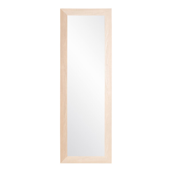 A long rectangular mirror with a natural wood frame.