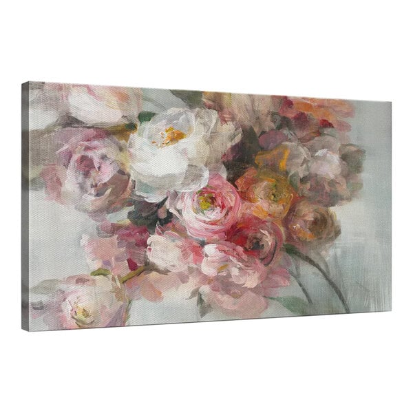 A painting of pink flowers on canvas with a white background.