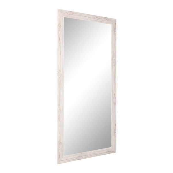 A white rectangular mirror with a wooden frame.