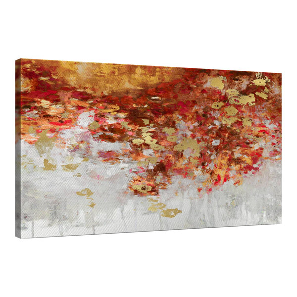 An Elephant Stock canvas wall art with red, white, and gold abstract leaves on a white background.